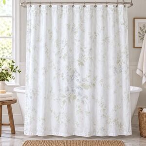 Shabby Chic British Rose Blue Floral Cotton Shower Curtain 68" X 71"